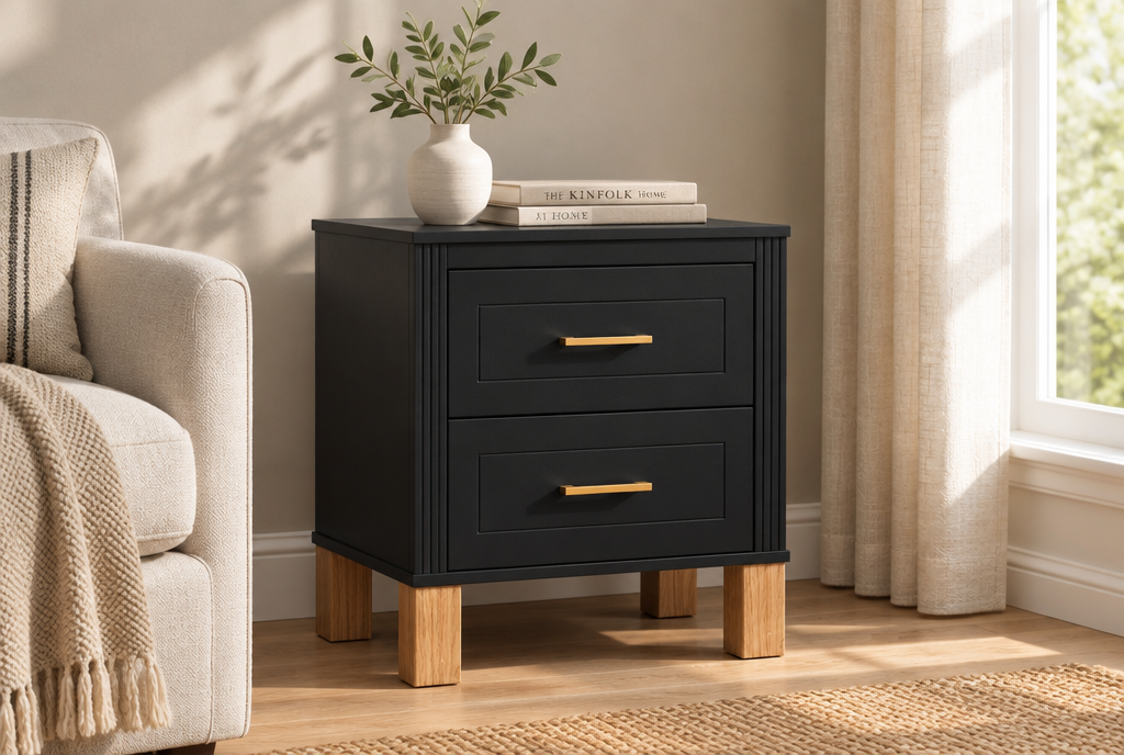 Fluted black nightstand, three-quarter left view in a styled room