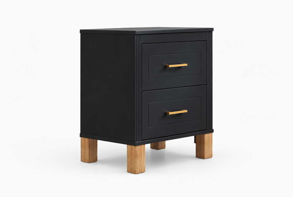Fluted black nightstand, side profile showing slim depth