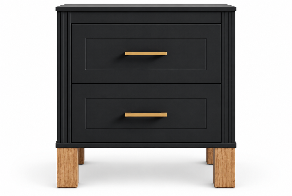 Fluted black nightstand — close-up of drawers, handles and fluted finish