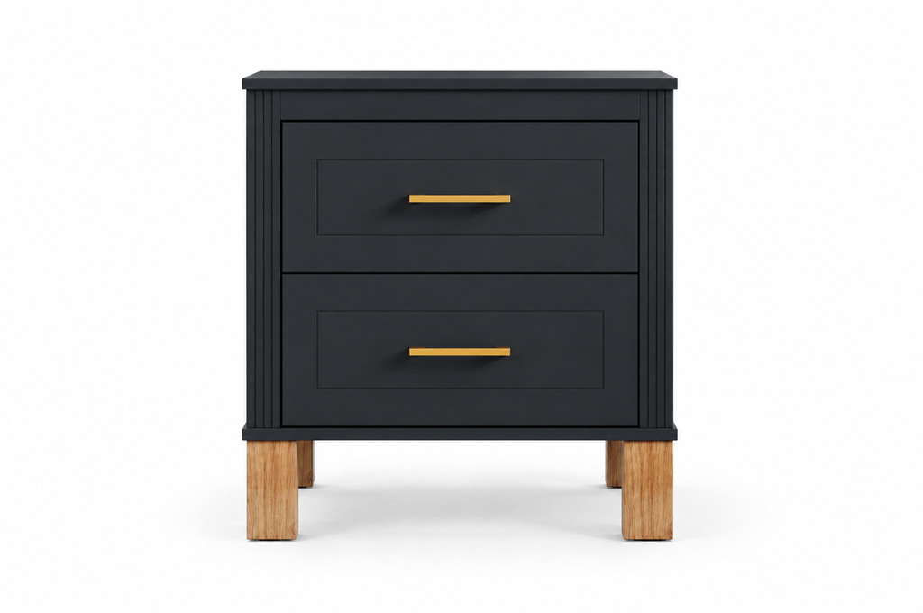 2-drawer fluted black nightstand with solid wood legs — front studio view