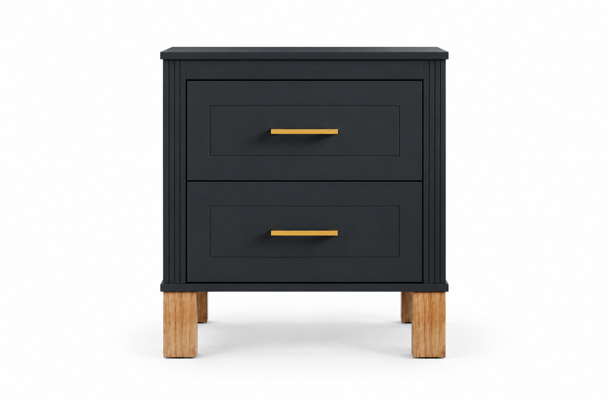 2-drawer fluted black nightstand with solid wood legs — front studio view