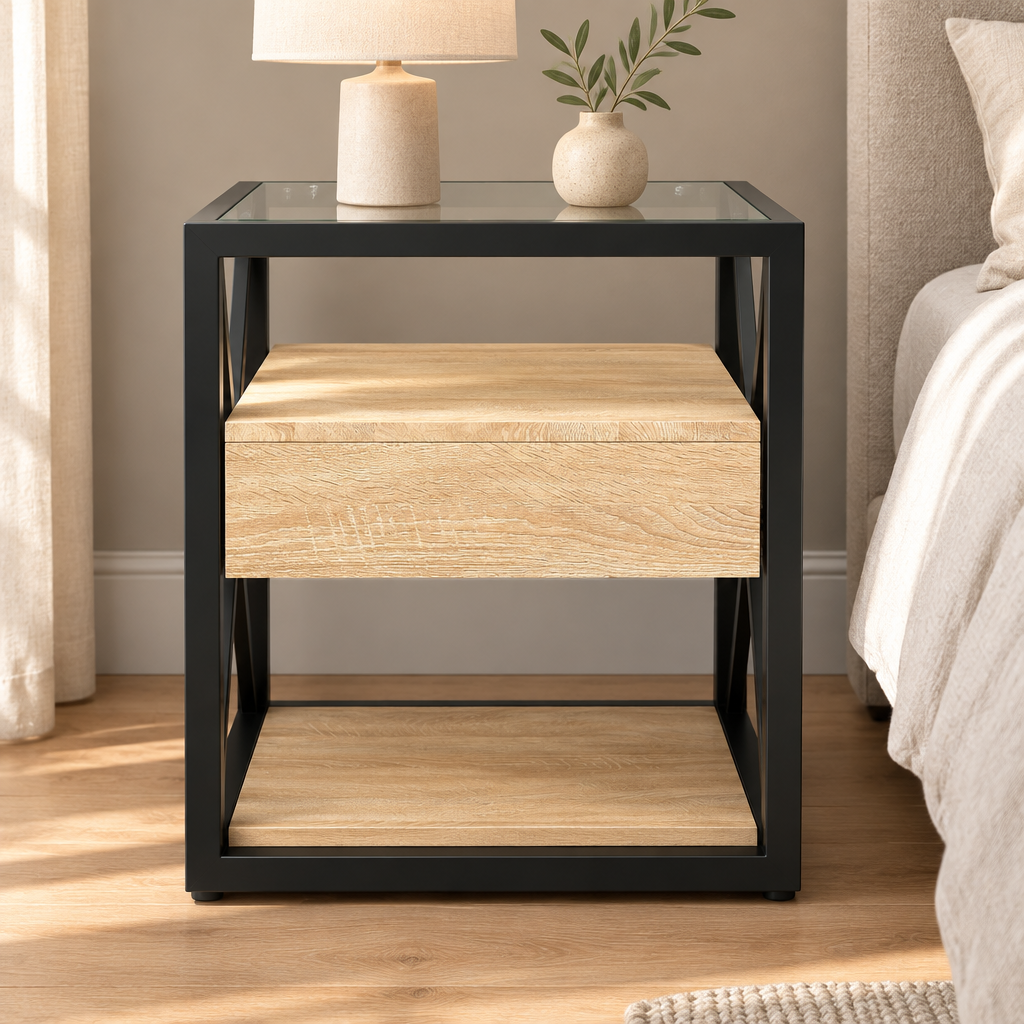 1 Piece Modern End Table With Drawer - Nightstand For Bedroom & Living Room, Natural Wood MDF & Tempered Glass Top, Industrial Style Side Table — bedroom front