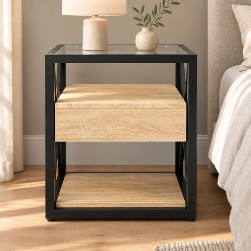 1 Piece Modern End Table With Drawer - Nightstand For Bedroom & Living Room, Natural Wood MDF & Tempered Glass Top, Industrial Style Side Table — bedroom front