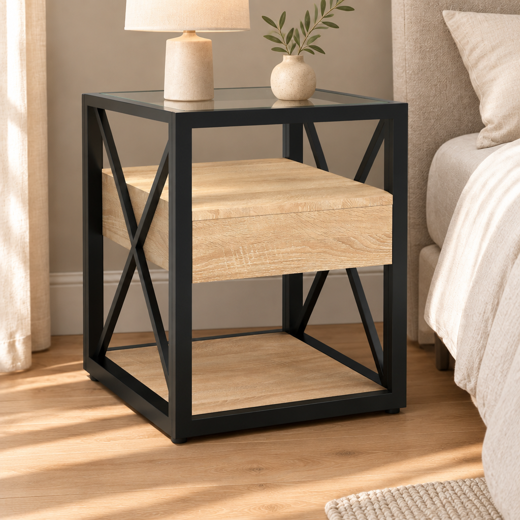 1 Piece Modern End Table With Drawer - Nightstand For Bedroom & Living Room, Natural Wood MDF & Tempered Glass Top, Industrial Style Side Table — bedroom three-quarter left