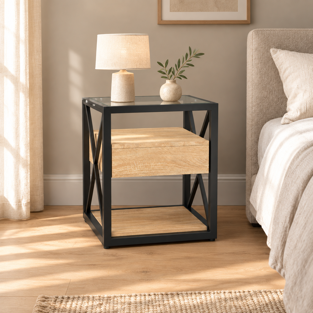 1 Piece Modern End Table With Drawer - Nightstand For Bedroom & Living Room, Natural Wood MDF & Tempered Glass Top, Industrial Style Side Table — bedroom wide