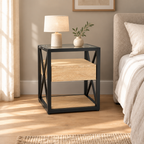 1 Piece Modern End Table With Drawer - Nightstand For Bedroom & Living Room, Natural Wood MDF & Tempered Glass Top, Industrial Style Side Table — bedroom wide