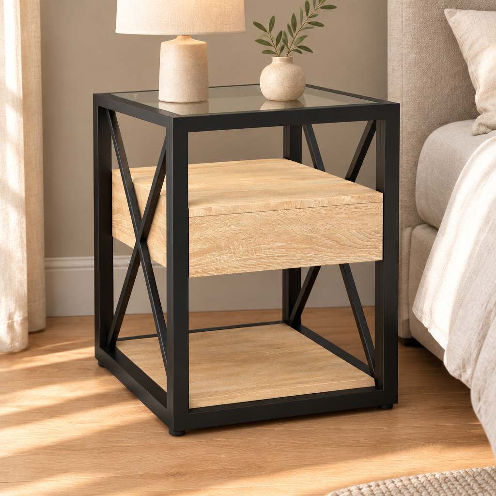 1 Piece Modern End Table With Drawer - Nightstand For Bedroom & Living Room, Natural Wood MDF & Tempered Glass Top, Industrial Style Side Table — bedroom three-quarter right