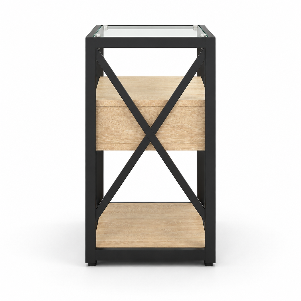 1 Piece Modern End Table With Drawer - Nightstand For Bedroom & Living Room, Natural Wood MDF & Tempered Glass Top, Industrial Style Side Table — studio side profile