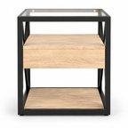 1 Piece Modern End Table With Drawer - Nightstand For Bedroom & Living Room, Natural Wood MDF & Tempered Glass Top, Industrial Style Side Table — studio hero
