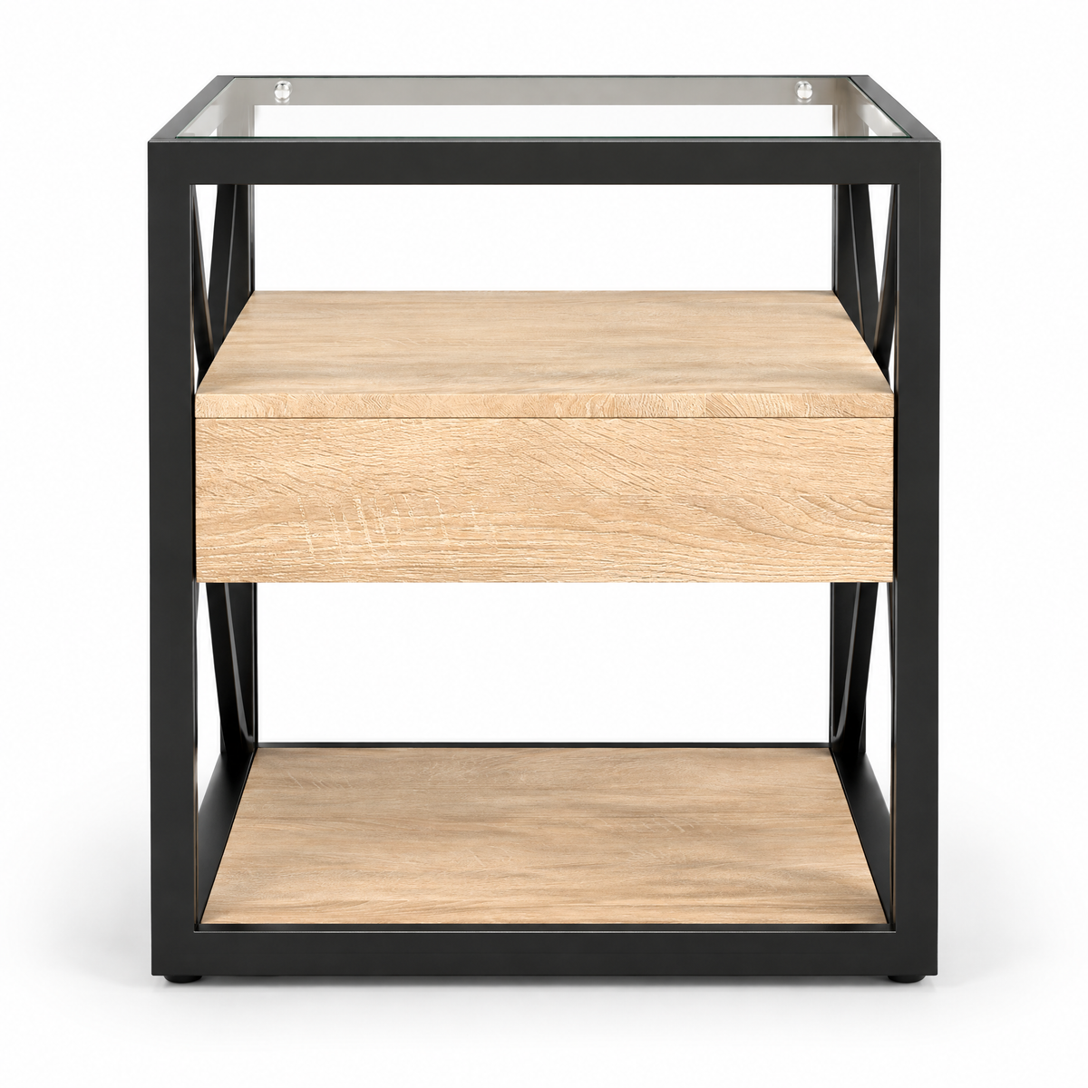1 Piece Modern End Table With Drawer - Nightstand For Bedroom & Living Room, Natural Wood MDF & Tempered Glass Top, Industrial Style Side Table — studio hero