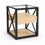 1 Piece Modern End Table With Drawer - Nightstand For Bedroom & Living Room, Natural Wood MDF & Tempered Glass Top, Industrial Style Side Table — studio three-quarter