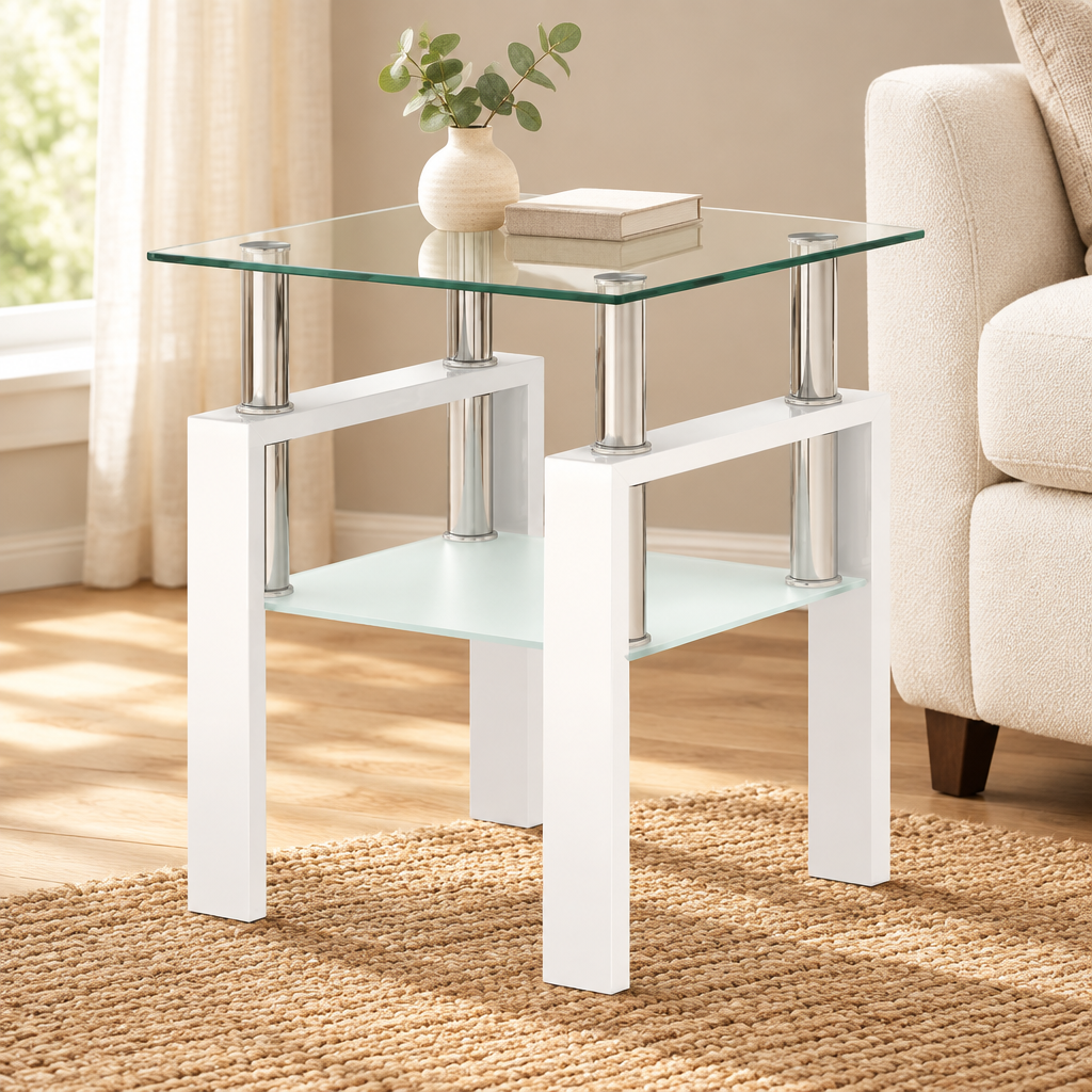 1-Piece Modern Tempered Glass Tea Table Coffee Table End Table, Square Table For Living Room, Transparent White — living room front