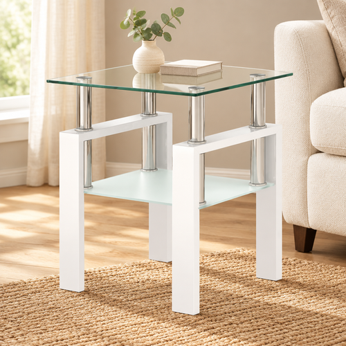 1-Piece Modern Tempered Glass Tea Table Coffee Table End Table, Square Table For Living Room, Transparent White — living room front