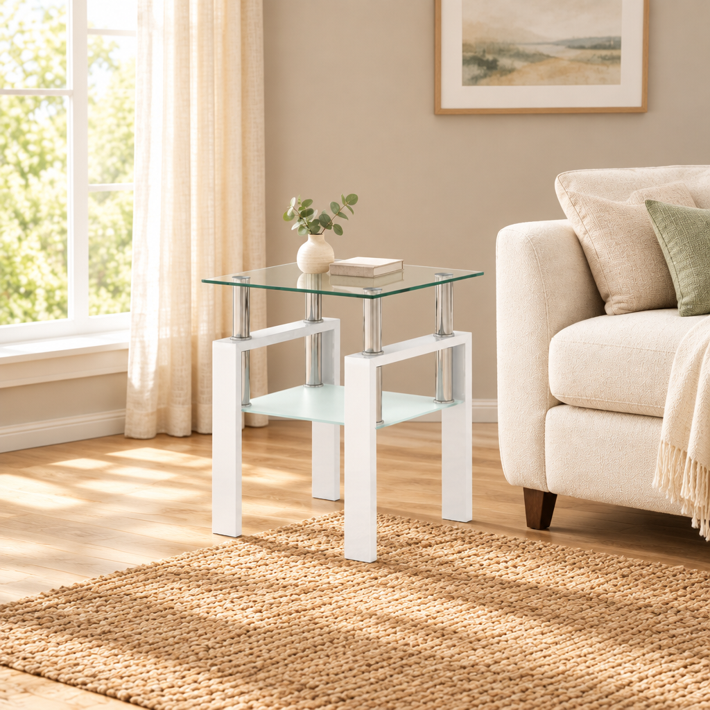 1-Piece Modern Tempered Glass Tea Table Coffee Table End Table, Square Table For Living Room, Transparent White — living room wide