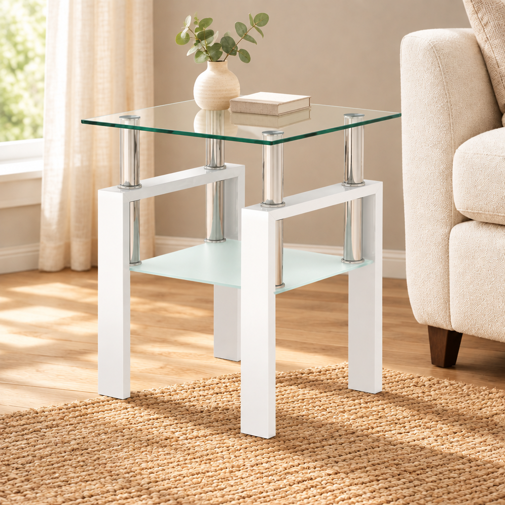 1-Piece Modern Tempered Glass Tea Table Coffee Table End Table, Square Table For Living Room, Transparent White — living room three-quarter left