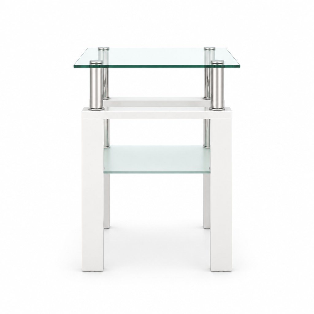 1-Piece Modern Tempered Glass Tea Table Coffee Table End Table, Square Table For Living Room, Transparent White — studio side profile