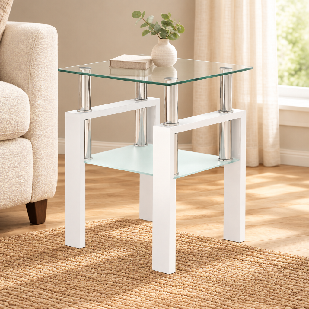 1-Piece Modern Tempered Glass Tea Table Coffee Table End Table, Square Table For Living Room, Transparent White — living room three-quarter right