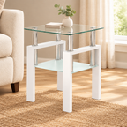 1-Piece Modern Tempered Glass Tea Table Coffee Table End Table, Square Table For Living Room, Transparent White — living room three-quarter right