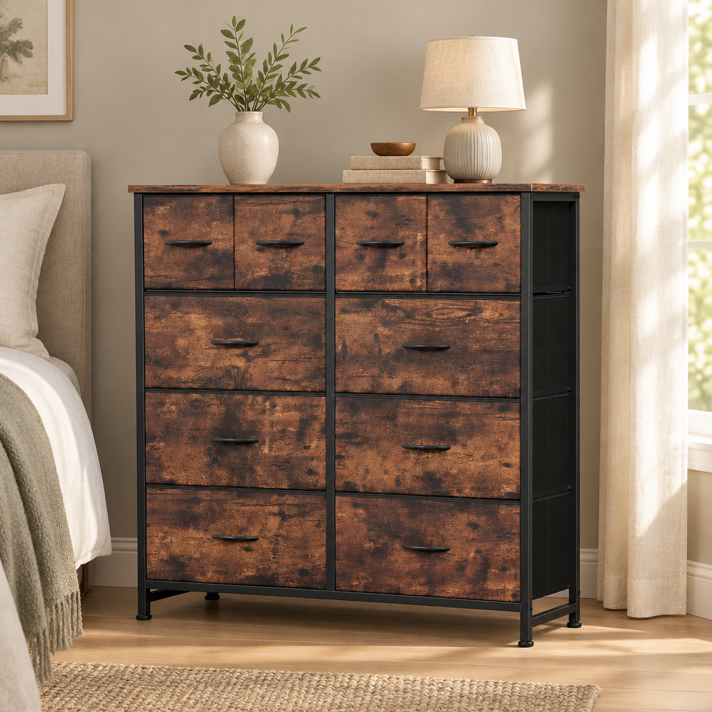 10-Drawer Fabric Dresser, LargeStorageTower for Bedroom, Closet, Living Room, Rustic Brown — bedroom front