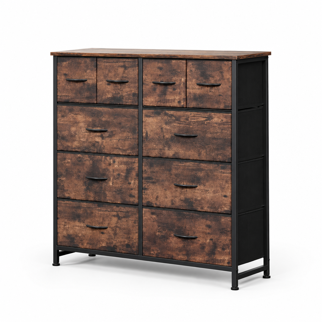 10-Drawer Fabric Dresser, LargeStorageTower for Bedroom, Closet, Living Room, Rustic Brown — studio three-quarter