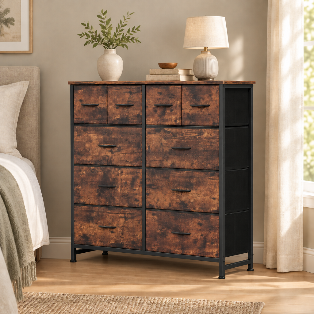 10-Drawer Fabric Dresser, LargeStorageTower for Bedroom, Closet, Living Room, Rustic Brown — bedroom three-quarter right