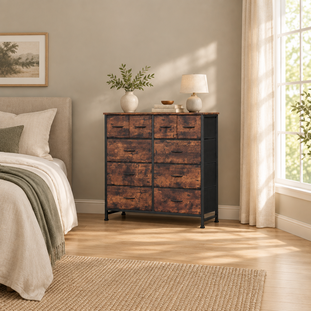 10-Drawer Fabric Dresser, LargeStorageTower for Bedroom, Closet, Living Room, Rustic Brown — bedroom wide