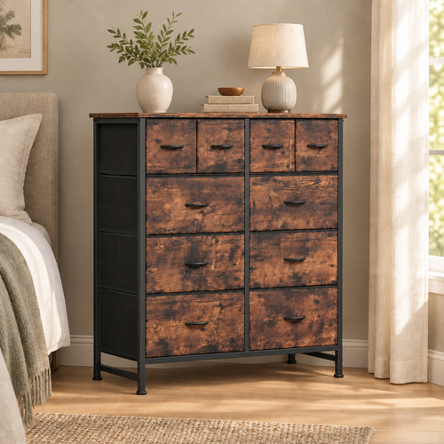 10-Drawer Fabric Dresser, LargeStorageTower for Bedroom, Closet, Living Room, Rustic Brown — bedroom three-quarter left