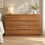 12 Drawers Double Dresser, Modern Wood Dresser Chest Of Drawers With Large Storage Space For Bedroom, Walnut — bedroom front
