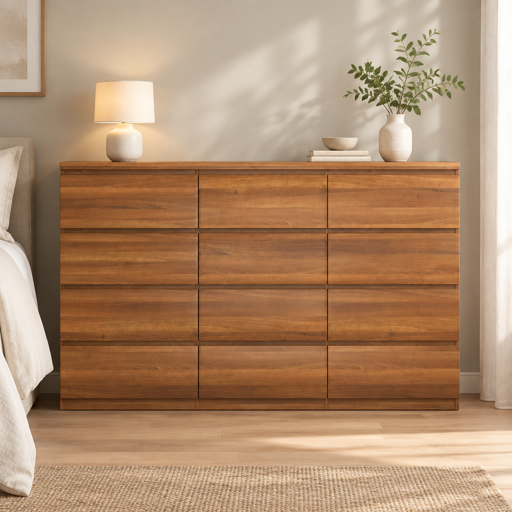 12 Drawers Double Dresser, Modern Wood Dresser Chest Of Drawers With Large Storage Space For Bedroom, Walnut — bedroom front