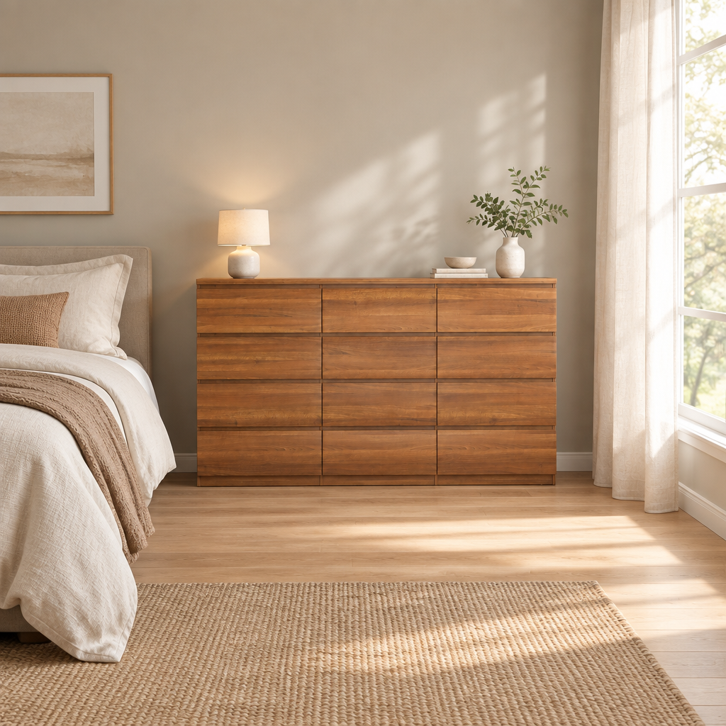 12 Drawers Double Dresser, Modern Wood Dresser Chest Of Drawers With Large Storage Space For Bedroom, Walnut — bedroom wide