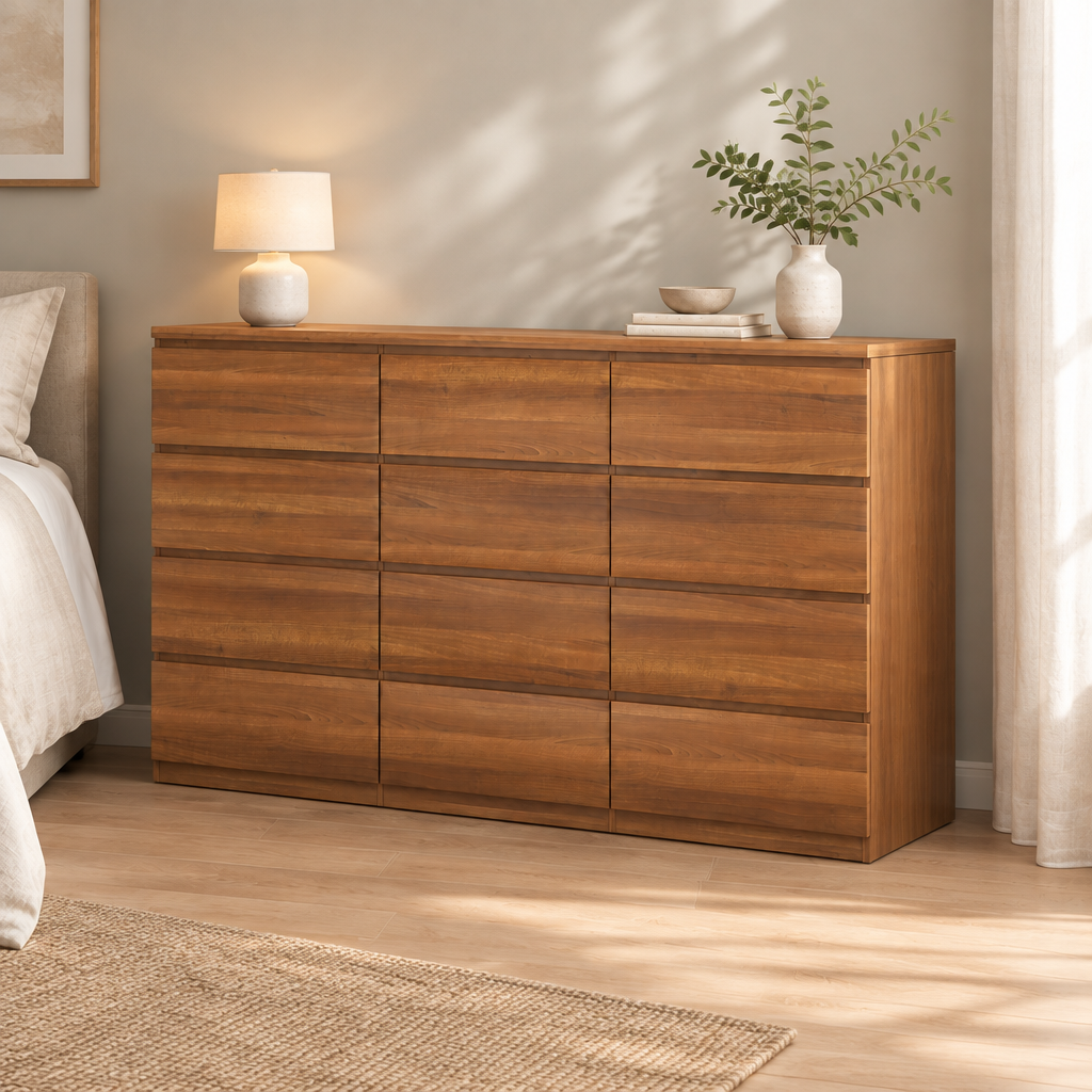 12 Drawers Double Dresser, Modern Wood Dresser Chest Of Drawers With Large Storage Space For Bedroom, Walnut — bedroom three-quarter right