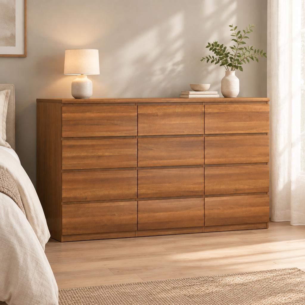 12 Drawers Double Dresser, Modern Wood Dresser Chest Of Drawers With Large Storage Space For Bedroom, Walnut — bedroom three-quarter left