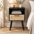15.75  Rattan End Table With  Drawer And Solid Wood Legs, Modern Nightstand, Side Table For Living Room, Bedroom, Black — bedroom front