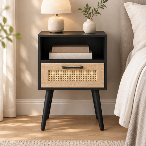 15.75  Rattan End Table With  Drawer And Solid Wood Legs, Modern Nightstand, Side Table For Living Room, Bedroom, Black — bedroom front