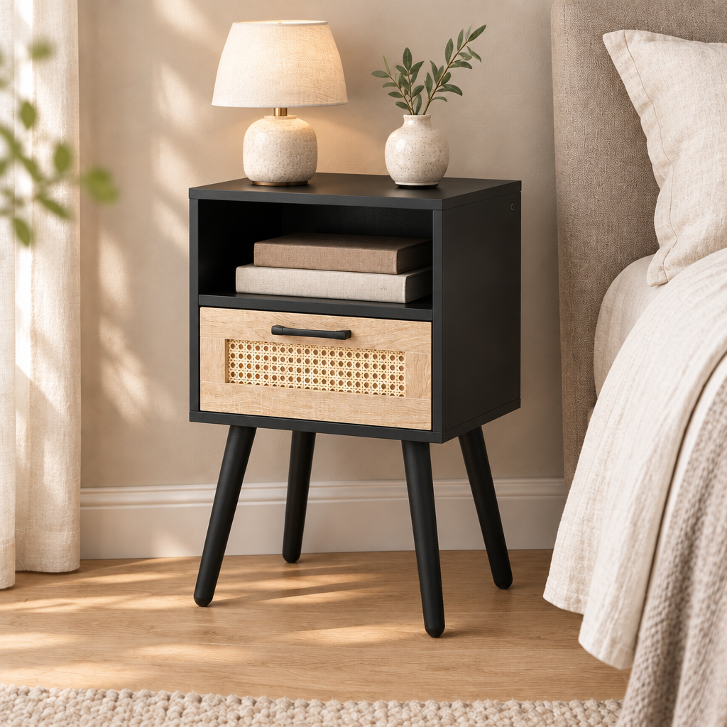 15.75  Rattan End Table With  Drawer And Solid Wood Legs, Modern Nightstand, Side Table For Living Room, Bedroom, Black — bedroom three-quarter right