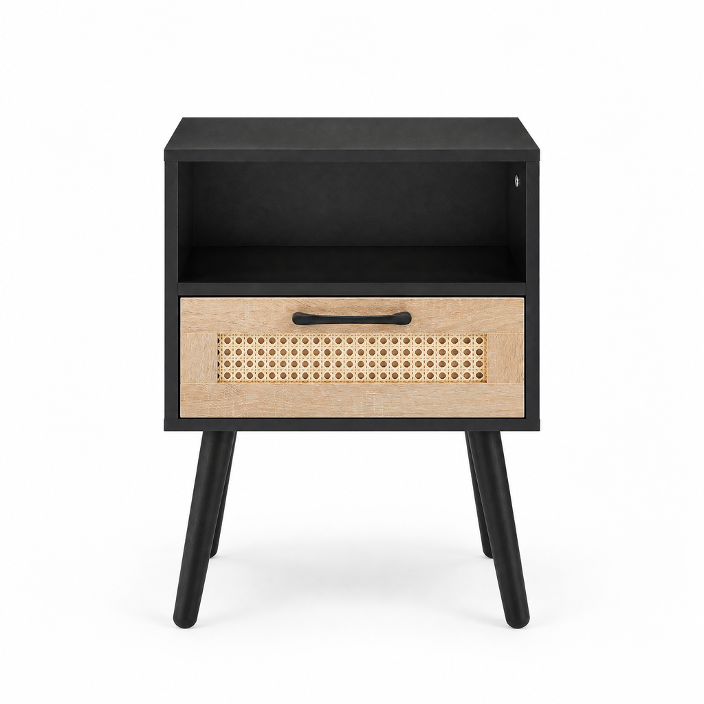 15.75  Rattan End Table With  Drawer And Solid Wood Legs, Modern Nightstand, Side Table For Living Room, Bedroom, Black — studio hero