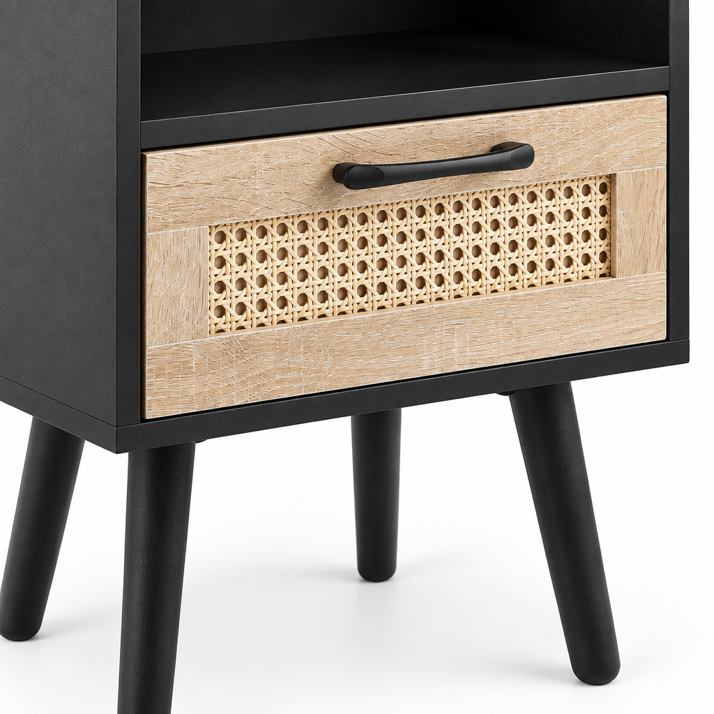 15.75  Rattan End Table With  Drawer And Solid Wood Legs, Modern Nightstand, Side Table For Living Room, Bedroom, Black — studio detail