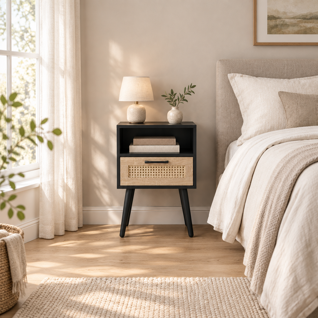 15.75  Rattan End Table With  Drawer And Solid Wood Legs, Modern Nightstand, Side Table For Living Room, Bedroom, Black — bedroom wide