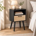 15.75  Rattan End Table With  Drawer And Solid Wood Legs, Modern Nightstand, Side Table For Living Room, Bedroom, Black — bedroom three-quarter left
