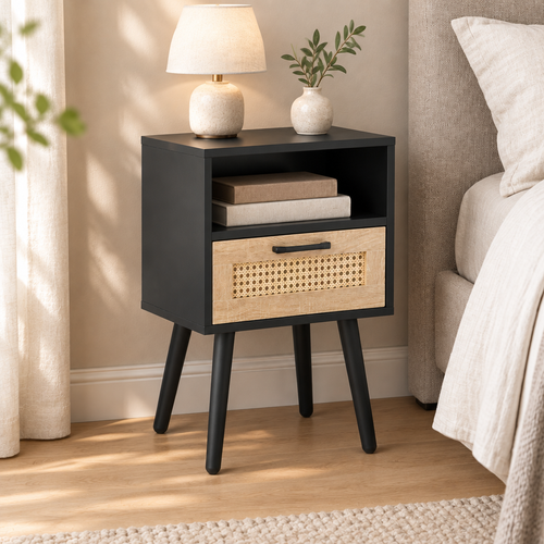 15.75  Rattan End Table With  Drawer And Solid Wood Legs, Modern Nightstand, Side Table For Living Room, Bedroom, Black — bedroom three-quarter left