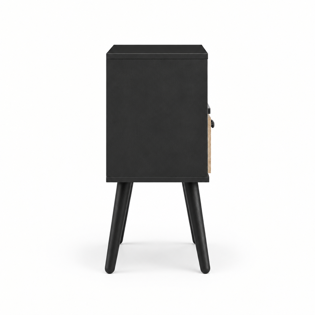 15.75  Rattan End Table With  Drawer And Solid Wood Legs, Modern Nightstand, Side Table For Living Room, Bedroom, Black — studio side profile
