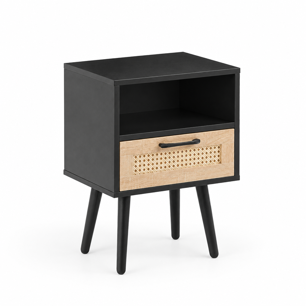 15.75  Rattan End Table With  Drawer And Solid Wood Legs, Modern Nightstand, Side Table For Living Room, Bedroom, Black — studio three-quarter