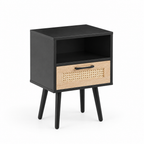 15.75  Rattan End Table With  Drawer And Solid Wood Legs, Modern Nightstand, Side Table For Living Room, Bedroom, Black — studio three-quarter