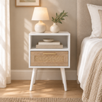15.75  Rattan End Table With  Drawer And Solid Wood Legs, Modern Nightstand, Side Table For Living Room, Bedroom, White — bedroom front