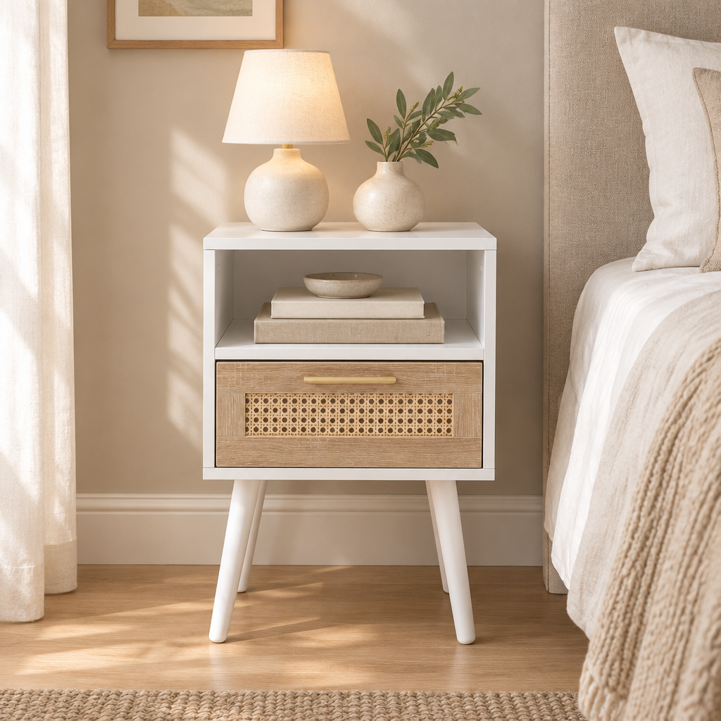 15.75  Rattan End Table With  Drawer And Solid Wood Legs, Modern Nightstand, Side Table For Living Room, Bedroom, White — bedroom front