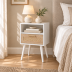 15.75  Rattan End Table With  Drawer And Solid Wood Legs, Modern Nightstand, Side Table For Living Room, Bedroom, White — bedroom three-quarter right