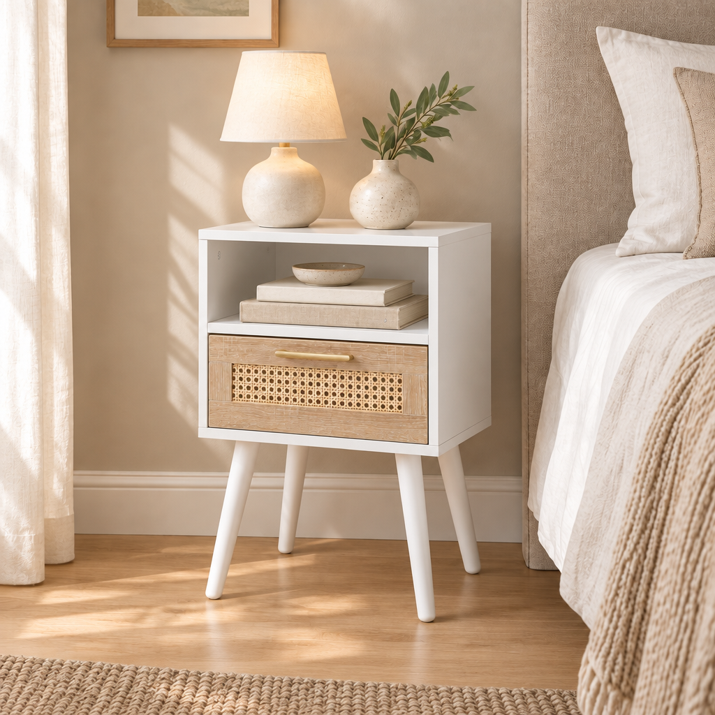 15.75  Rattan End Table With  Drawer And Solid Wood Legs, Modern Nightstand, Side Table For Living Room, Bedroom, White — bedroom three-quarter right