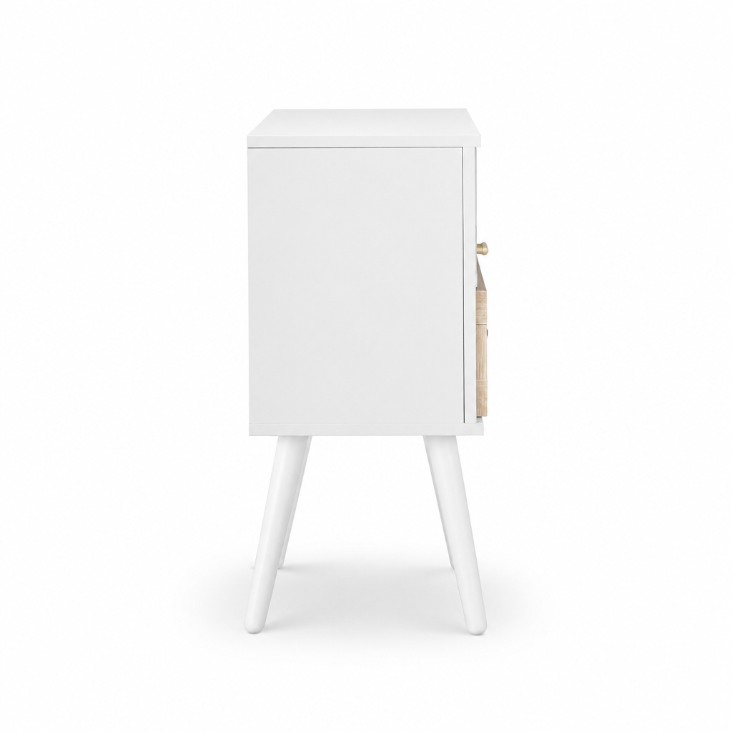 15.75  Rattan End Table With  Drawer And Solid Wood Legs, Modern Nightstand, Side Table For Living Room, Bedroom, White — studio side profile