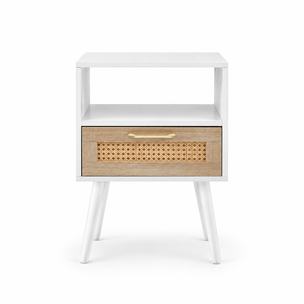 15.75  Rattan End Table With  Drawer And Solid Wood Legs, Modern Nightstand, Side Table For Living Room, Bedroom, White — studio hero