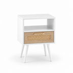 15.75  Rattan End Table With  Drawer And Solid Wood Legs, Modern Nightstand, Side Table For Living Room, Bedroom, White — studio three-quarter